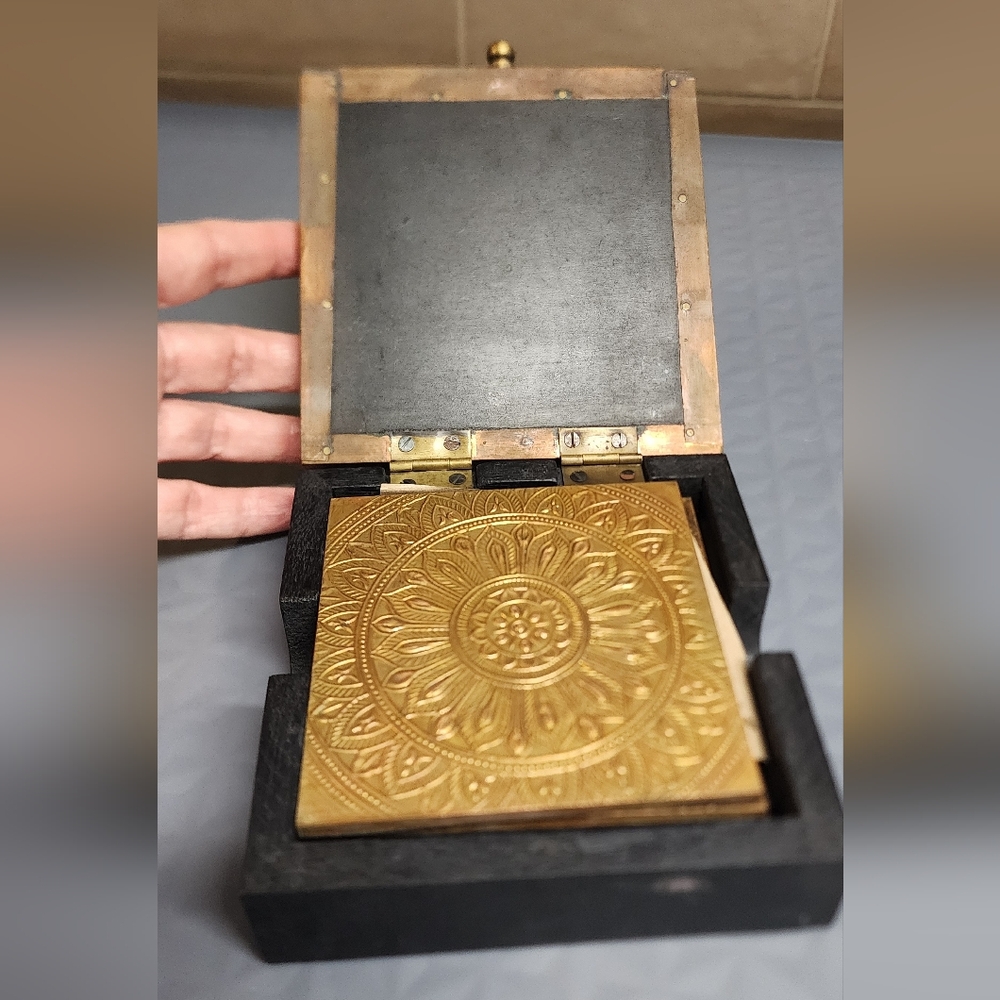 Tea Coasters | Brass Coffee Coaster Set With Wood Brass embossed Box , Kitchen